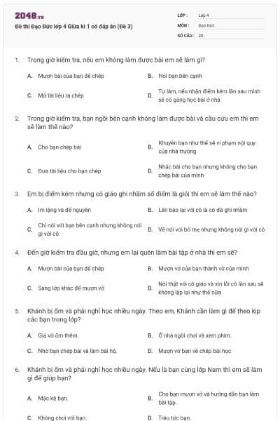 Đề thi Đạo Đức lớp 4 Giữa kì 1 có đáp án (Đề 3)