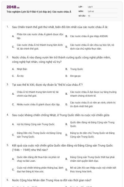 Trắc nghiệm Lịch Sử 9 Bài 4 (có đáp án): Các nước châu Á