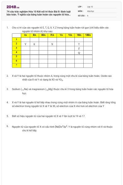 74 câu trắc nghiệm Hóa 10 Kết nối tri thức Bài 8: Định luật bảo toàn. Ý nghĩa của bảng tuần hoàn các nguyên tố hóa học (Đúng sai - Trả lời ngắn) có đáp án - Phần 4
