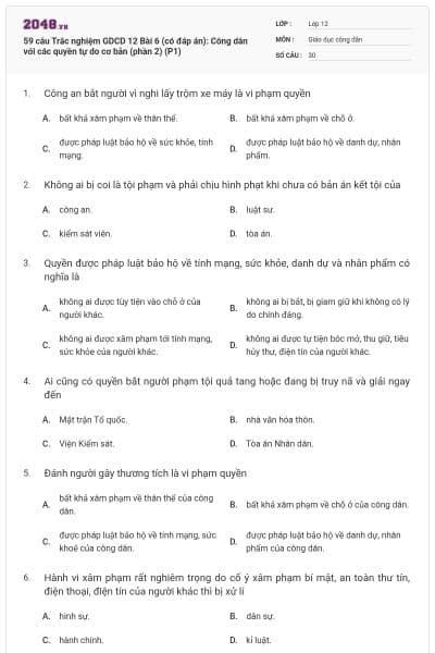 59 câu Trắc nghiệm GDCD 12 Bài 6 (có đáp án): Công dân với các quyền tự do cơ bản (phần 2) (P1)