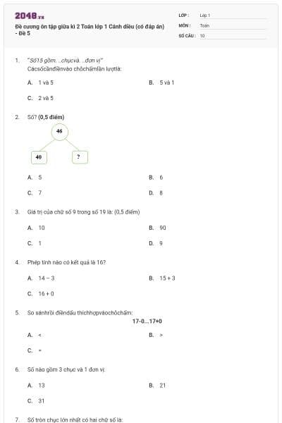 Đề cương ôn tập giữa kì 2 Toán lớp 1 Cánh diều (có đáp án) - Đề 5