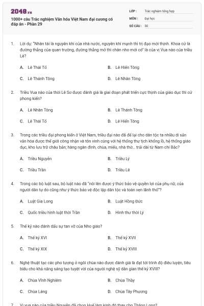 1000+ câu Trắc nghiệm Văn hóa Việt Nam đại cương có đáp án - Phần 29