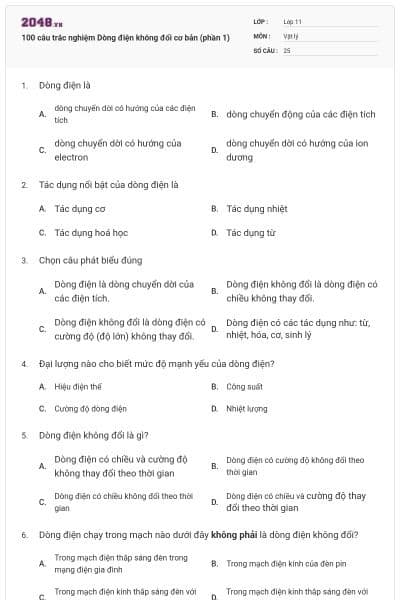 100 câu trắc nghiệm Dòng điện không đổi cơ bản (phần 1)