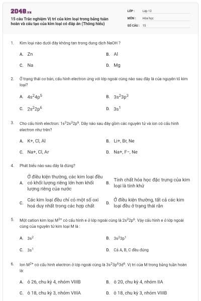 15 câu Trắc nghiệm Vị trí của kim loại trong bảng tuần hoàn và cấu tạo của kim loại có đáp án (Thông hiểu)