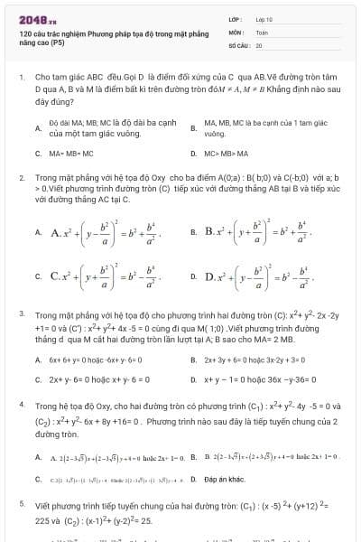 120 câu trắc nghiệm Phương pháp tọa độ trong mặt phẳng nâng cao (P5)