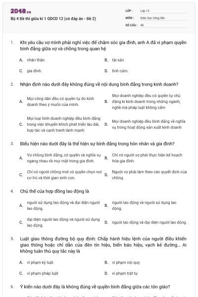 Bộ 4 Đề thi giữa kì 1 GDCD 12 (có đáp án - Đề 2)