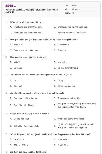 Bộ 4 đề thi cuối kì 2 Công nghệ 12 Kết nối tri thức có đáp án (Đề 4)