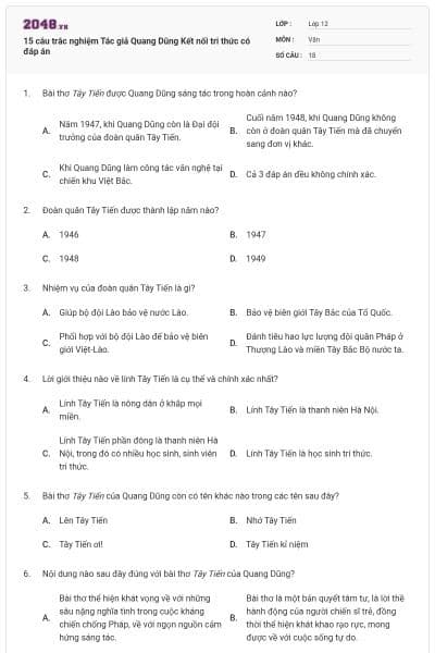 15 câu trắc nghiệm Tác giả Quang Dũng Kết nối tri thức có đáp án