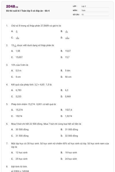 Đề thi cuối kì I Toán lớp 5 có đáp án  - Đề 4