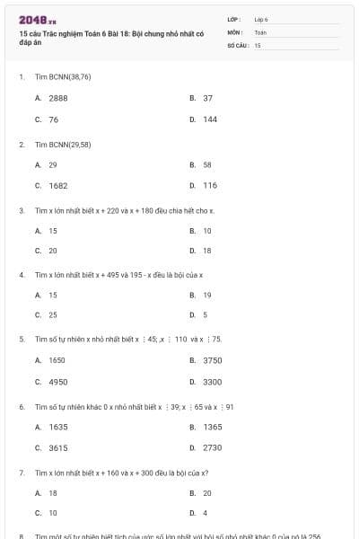 15 câu Trắc nghiệm Toán 6 Bài 18: Bội chung nhỏ nhất có đáp án