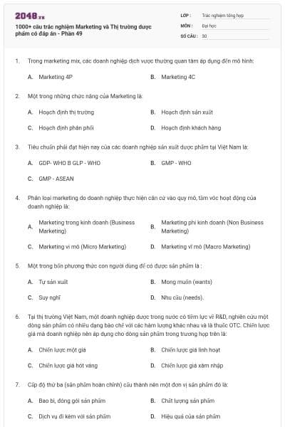 1000+ câu trắc nghiệm Marketing và Thị trường dược phẩm có đáp án - Phần 49