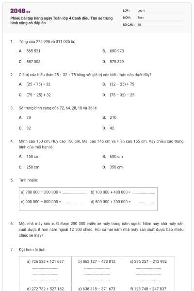 Phiếu bài tập hàng ngày Toán lớp 4 Cánh diều Tìm số trung bình cộng có đáp án