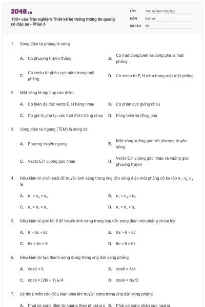 100+ câu Trắc nghiệm Thiết kế hệ thống thông tin quang có đáp án - Phần 6