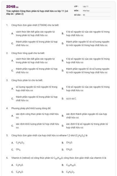 Trắc nghiệm Công thức phân tử hợp chất hữu cơ lớp 11 (có đáp án - phần 2)