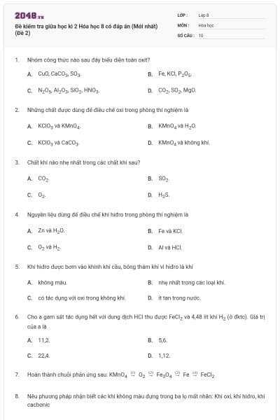 Đề kiểm tra giữa học kì 2 Hóa học 8 có đáp án (Mới nhất) (Đề 2)