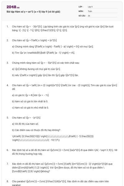 Bài tập Hàm số y = ax^2 (a ≠ 0) lớp 9 (có lời giải)