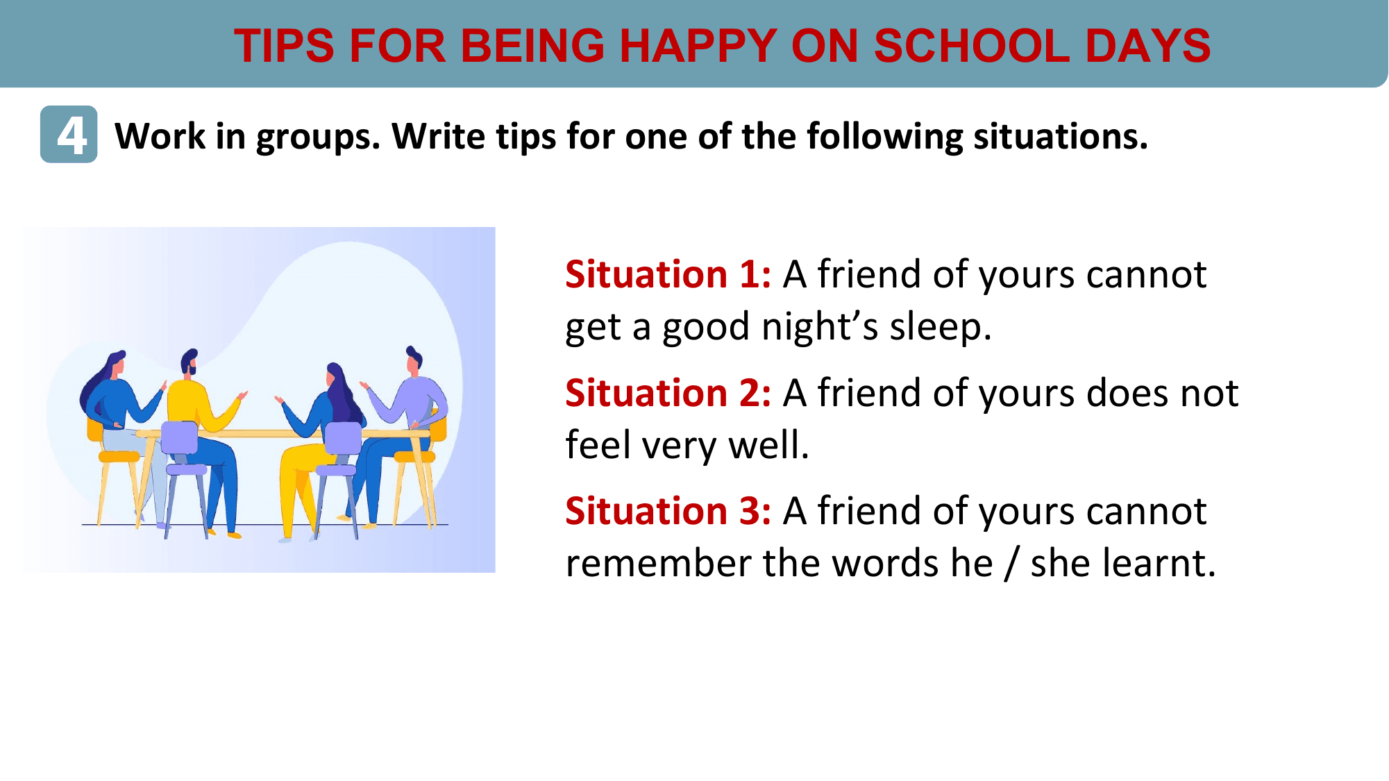 TIPS FOR BEING HAPPY ON SCHOOL DAYS
4 Work in groups. Write tips for one of the following situations.

 Situation 1: A friend of yours cannot
 get a good night’s sleep.
 Situation 2: A friend of yours does not
 feel very well.
 Situation 3: A friend of yours cannot
 remember the words he / she learnt.