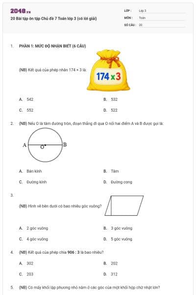 20 Bài tập ôn tập Chủ đề 7 Toán lớp 3 (có lời giải)