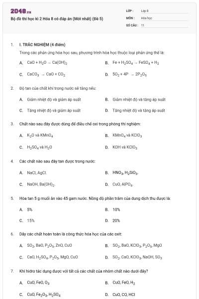 Bộ đề thi học kì 2 Hóa 8 có đáp án (Mới nhất) (Đề 5)