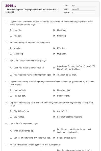 15 câu Trắc nghiệm Công nghệ lớp 4 Kết nối tri thức Bài 2 có đáp án