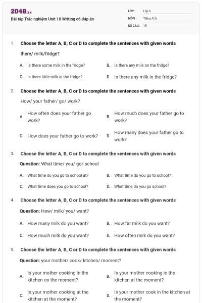 Bài tập Trắc nghiệm Unit 10 Writing có đáp án