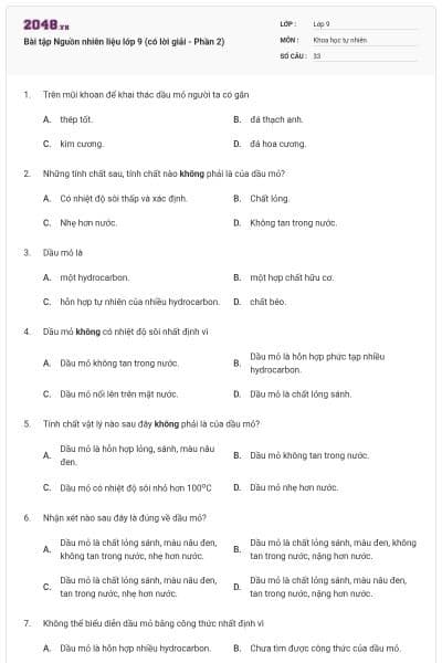 Bài tập Nguồn nhiên liệu lớp 9 (có lời giải - Phần 2)