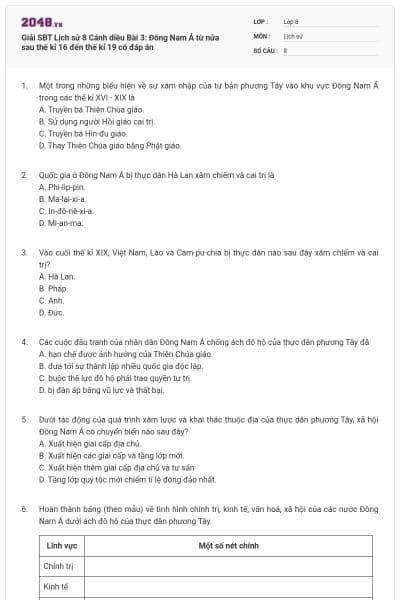 Giải SBT Lịch sử 8 Cánh diều Bài 3: Đông Nam Á từ nửa sau thế kỉ 16 đến thế kỉ 19 có đáp án