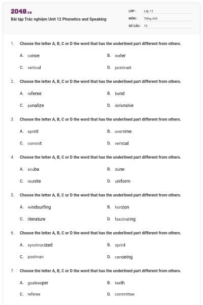 Bài tập Trắc nghiệm Unit 12 Phonetics and Speaking