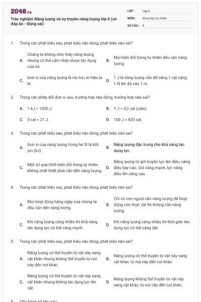 Trắc nghiệm Năng lượng và sự truyền năng lượng lớp 6 (có đáp án - Đúng sai)