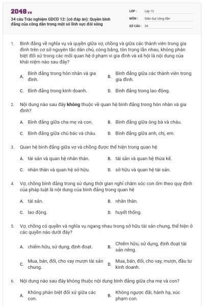 34 câu Trắc nghiệm GDCD 12: (có đáp án): Quyền bình đẳng của công dân trong một số lĩnh vực đời sống