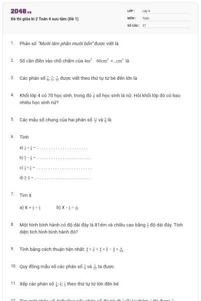 Đề thi giữa kì 2 Toán 4 sưu tầm (Đề 1)