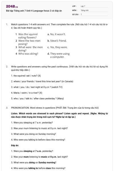 Bài tập Tiếng anh 7 Unit 4 Language focus 2 có đáp án