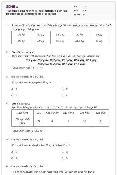 Trắc nghiệm Thực hành và trải nghiệm thu thập, phân tích, biểu diễn các số liệu thống kê lớp 5 (có đáp án)