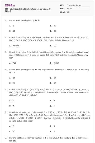 500+ câu trắc nghiệm tổng hợp Toán rời rạc có đáp án - Phần 2