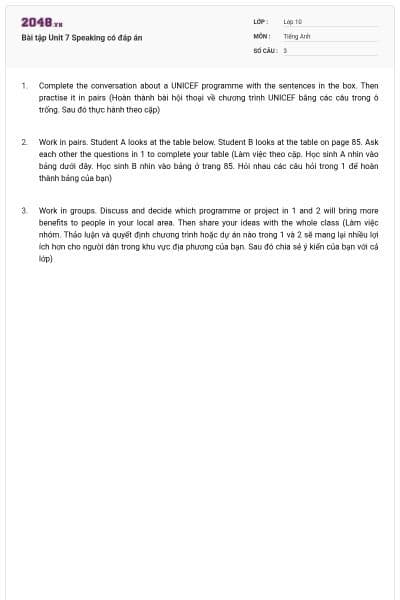 Bài tập Unit 7 Speaking có đáp án