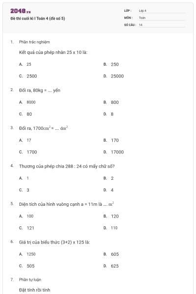 Đề thi cuối kì I Toán 4 (đề số 5)