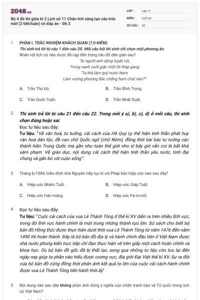 Bộ 4 đề thi giữa kì 2 Lịch sử 11 Chân trời sáng tạo cấu trúc mới (2 tiết/tuần) có đáp án - Đề 3