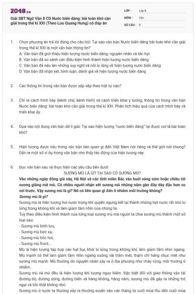 Giải SBT Ngữ Văn 8 CD Nước biển dâng: bài toán khó cần giải trong thế kỉ XXI (Theo Lưu Quang Hưng) có đáp án