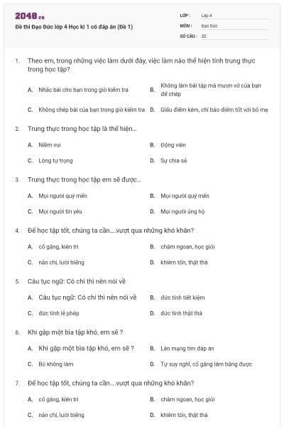 Đề thi Đạo Đức lớp 4 Học kì 1 có đáp án (Đề 1)