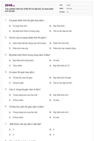 Trắc nghiệm Sinh học 8 Bài 49 (có đáp án): Cơ quan phân tích thị giác