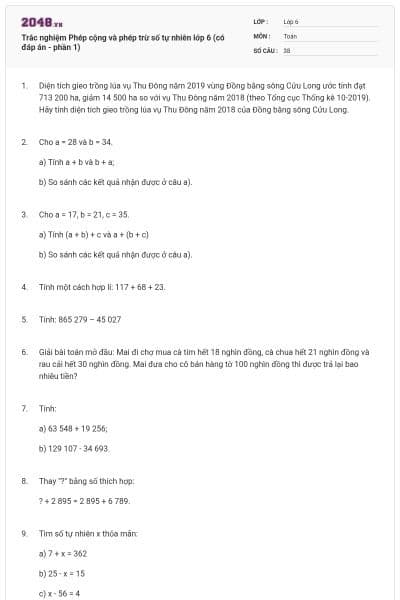 Trắc nghiệm Phép cộng và phép trừ số tự nhiên lớp 6 (có đáp án - phần 1)