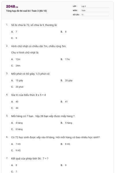 Tổng hợp đề thi cuối kì I Toán 3 (Đề 10)