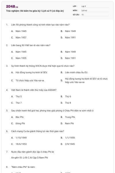 Trắc nghiệm: Đề kiểm tra giữa kỳ I Lịch sử 9 (có đáp án)