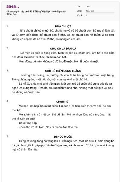 Đề cương ôn tập cuối kì 1 Tiếng Việt lớp 1 (có đáp án) - Phần Đọc