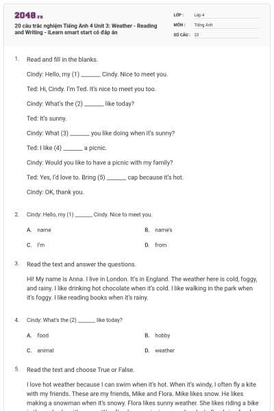 20 câu trắc nghiệm Tiếng Anh 4 Unit 3: Weather - Reading and Writing - iLearn smart start có đáp án