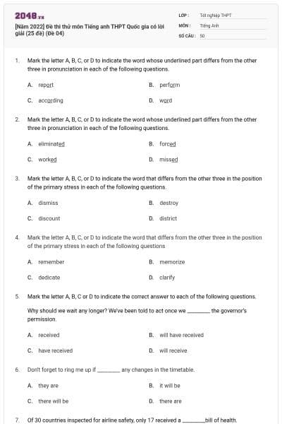 [Năm 2022] Đề thi thử môn Tiếng anh THPT Quốc gia có lời giải (25 đề) (Đề 04)