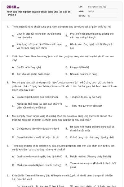 700+ câu Trắc nghiệm Quản lý chuỗi cung ứng (có đáp án) - Phần 8