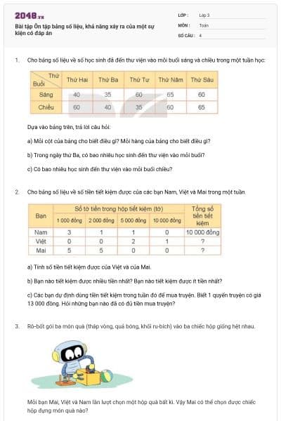 Bài tập Ôn tập bảng số liệu, khả năng xáy ra của một sự kiện có đáp án