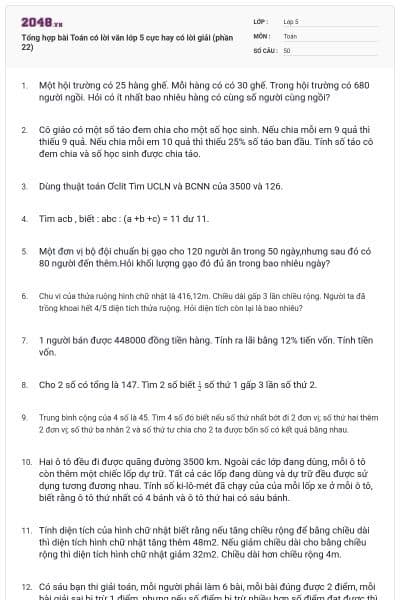 Tổng hợp bài Toán có lời văn lớp 5 cực hay có lời giải (phần 22)