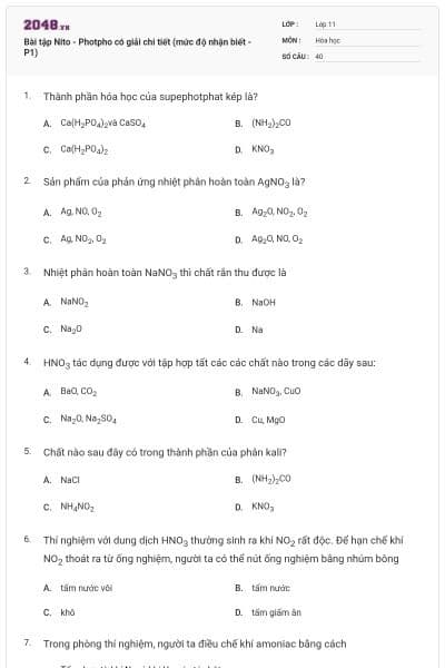 Bài tập Nito - Photpho có giải chi tiết (mức độ nhận biết - P1)
